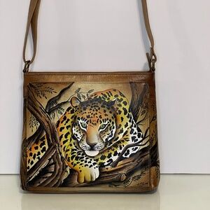 ANUSCHKA Leather Hand Painted Crossbody Bag Purse African Leopard Print